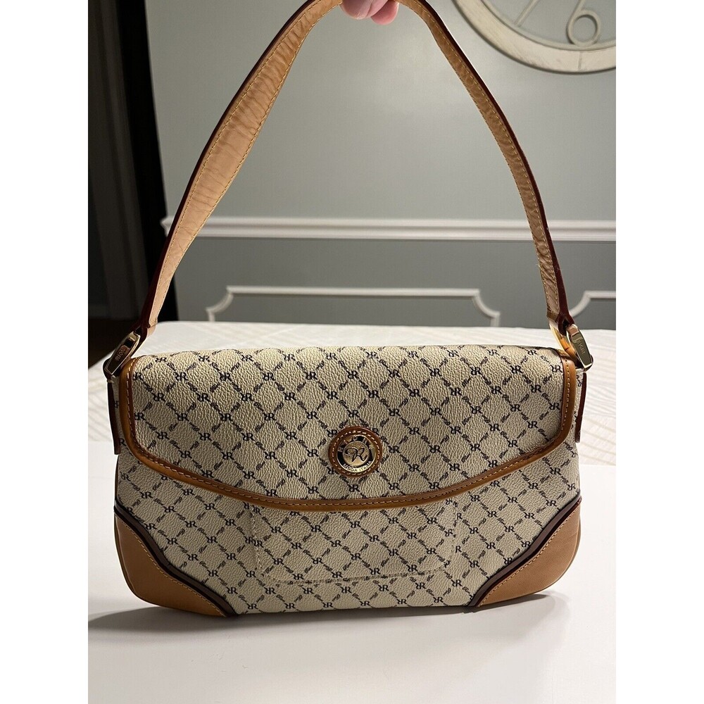 Rioni Moda Italia R Signature Top Flap Shoulder Hand Bag Purse Beige Brown Trim